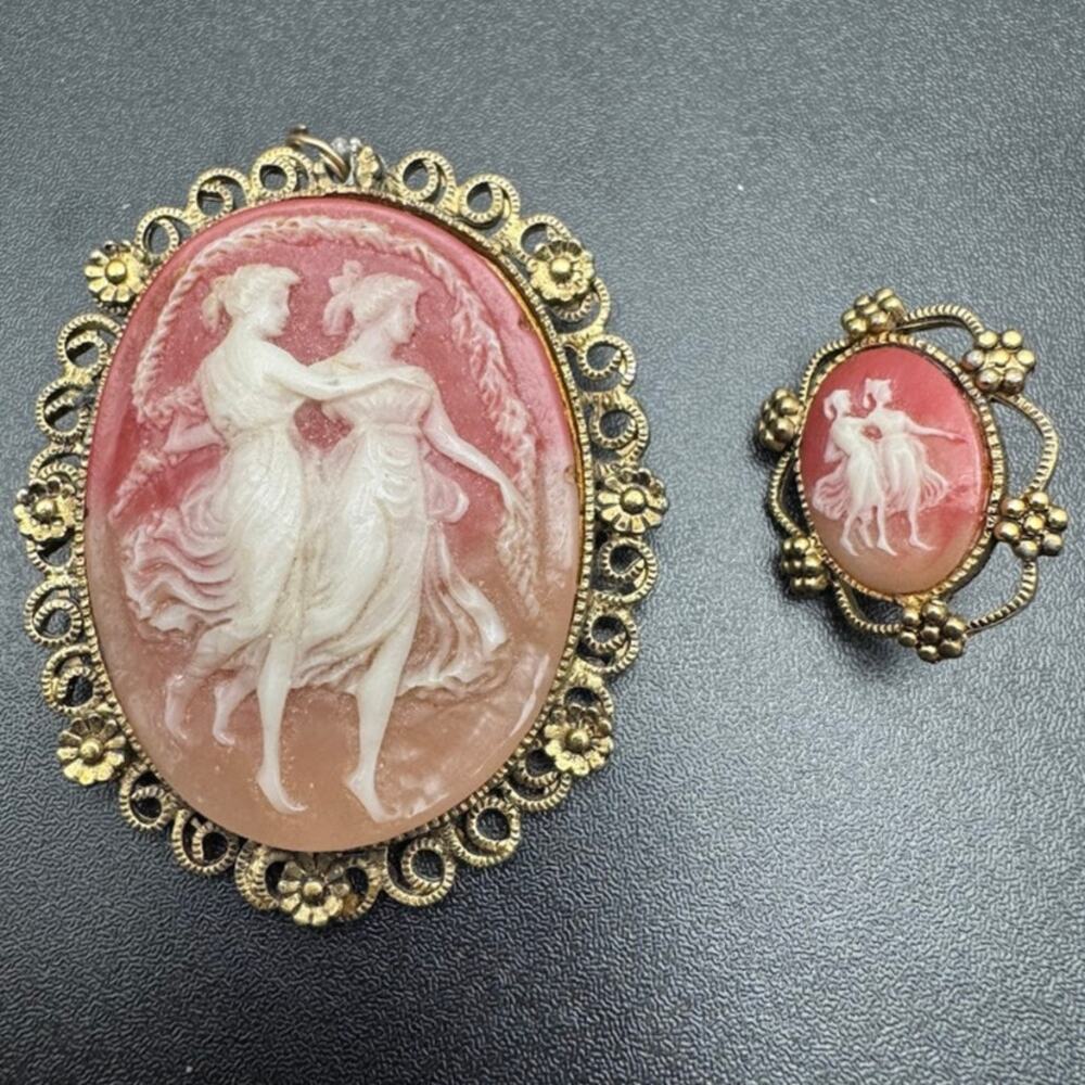 Vintage Gold Tone Cameo Brooch and Clip on Earring Two Dancing Ladies